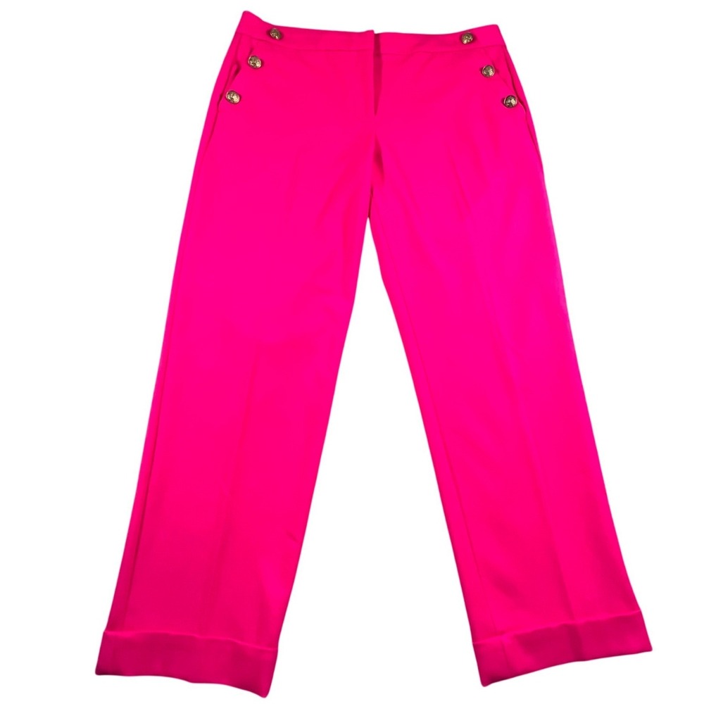 LOFT Riviera Pants Womens 12 Bright Pink Sailor Gold Button Cuffed Crop Trousers